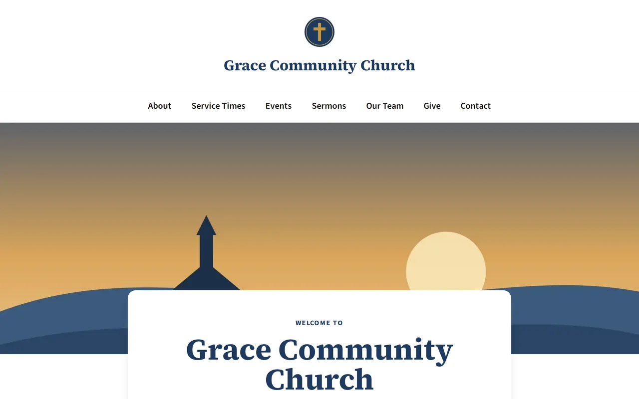 Classic style: a church’s logo and name centered above its menu, over a sunset photo.