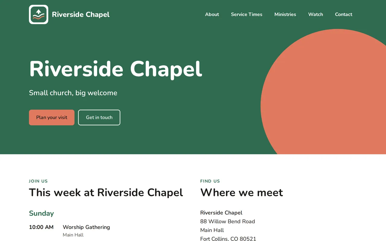 An example church website in the Modern style: a green banner with the church’s name and two buttons.