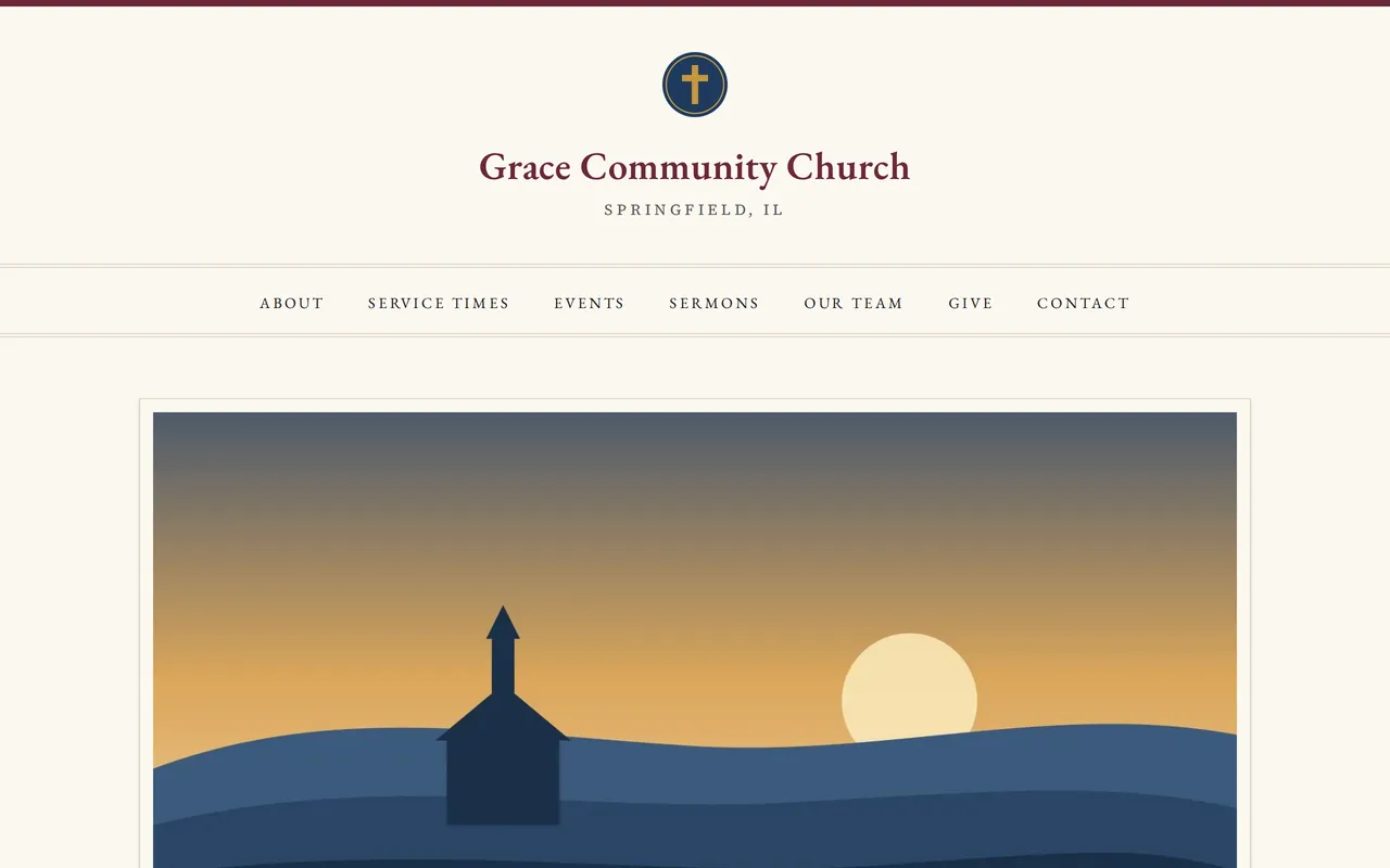 Traditional style: burgundy serif lettering and a spaced-out menu on a parchment background.